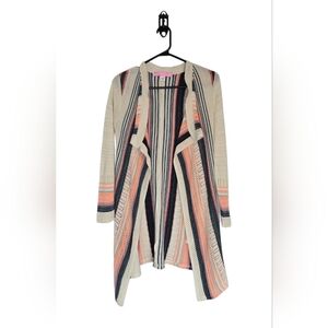 Vtg Striped Cardigan Sweater L Made in USA Boho Peach Navy Cream‎ Made In USA